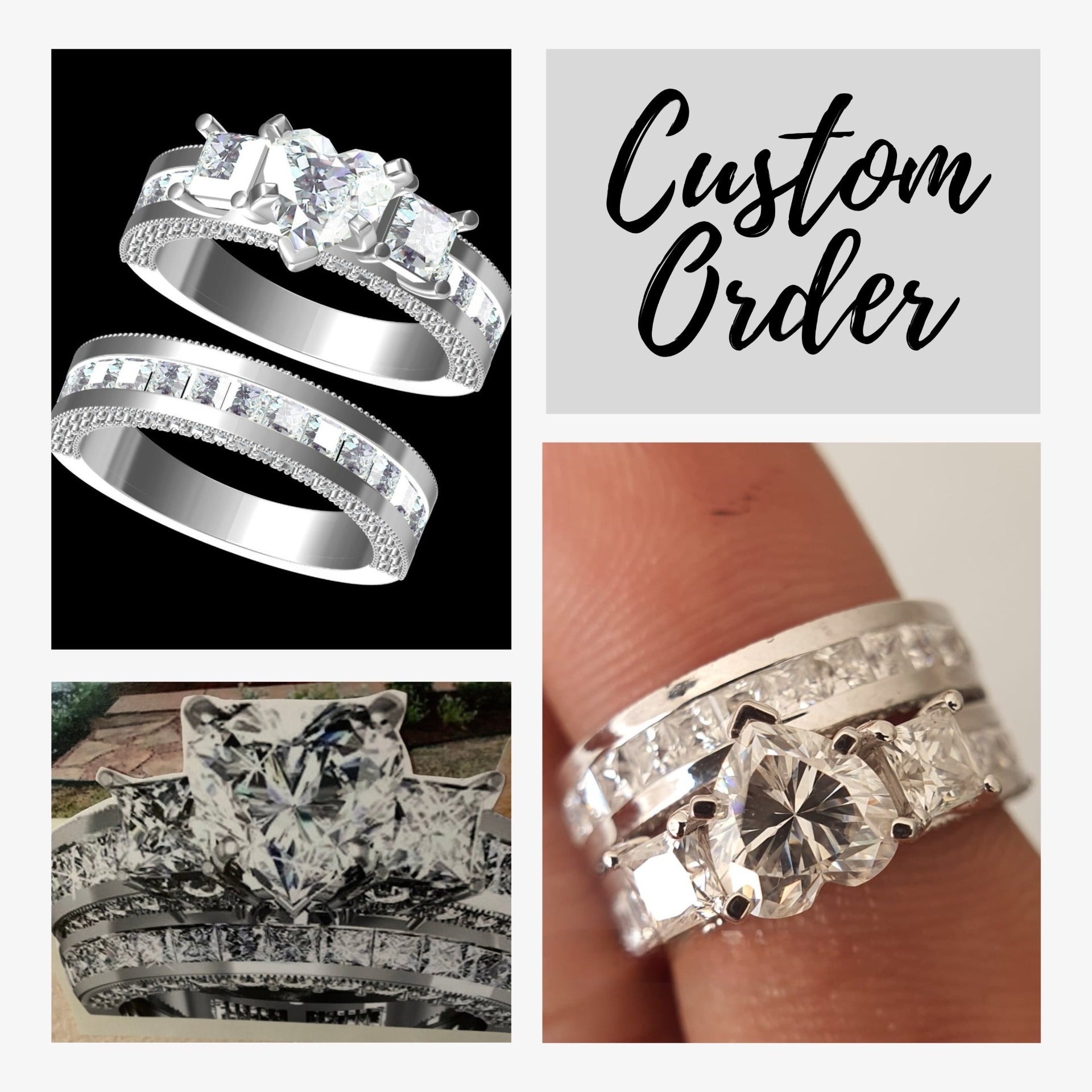 Moissanite Bridal Ring Set Heart Ring Princess Cut Band  customdiamjewel   