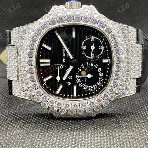 Automatic Movement Moissanite Studded Black Strap Patek Philippe Watch customdiamjewel