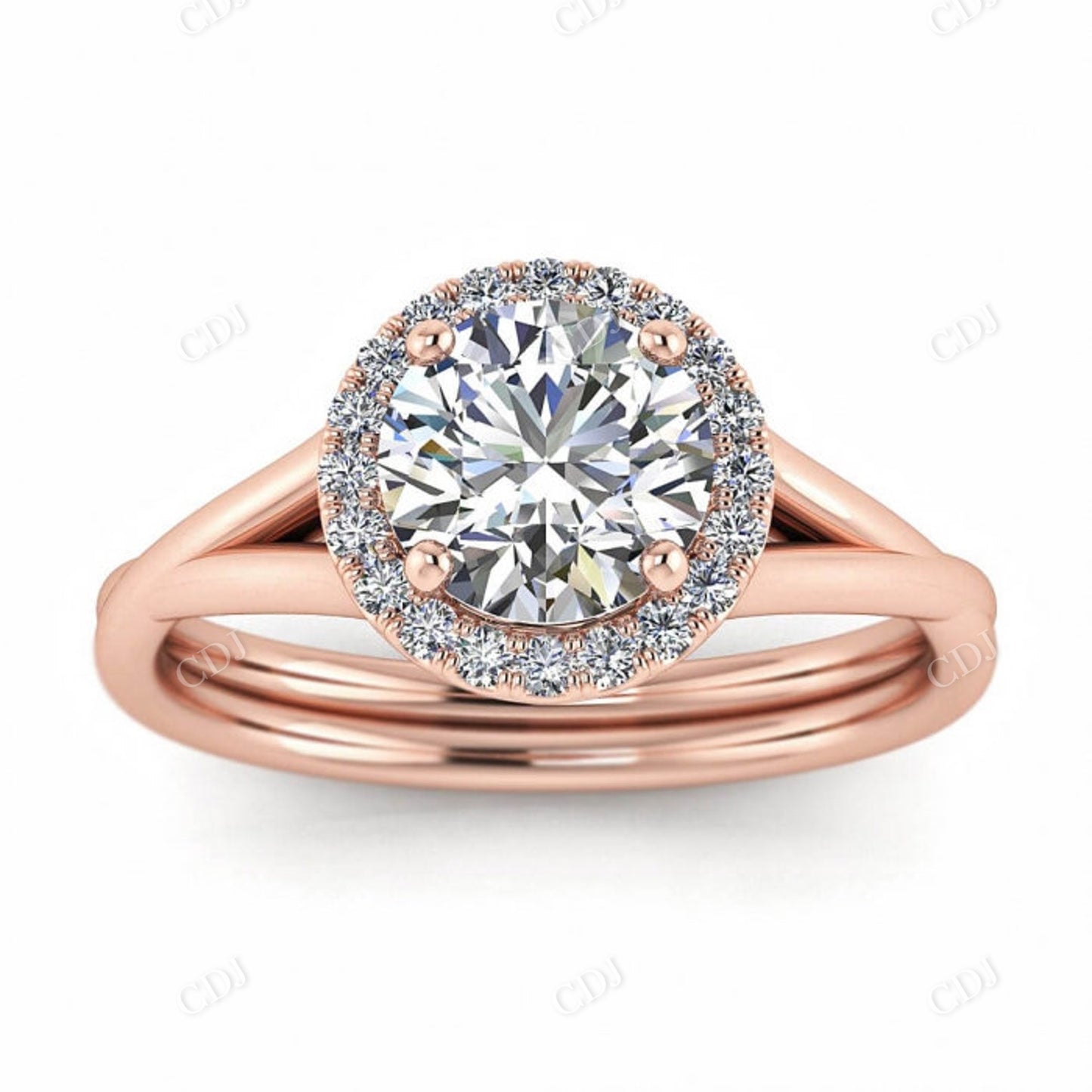Rose Gold Double Band Moissanite Halo Cluster Engagement Ring