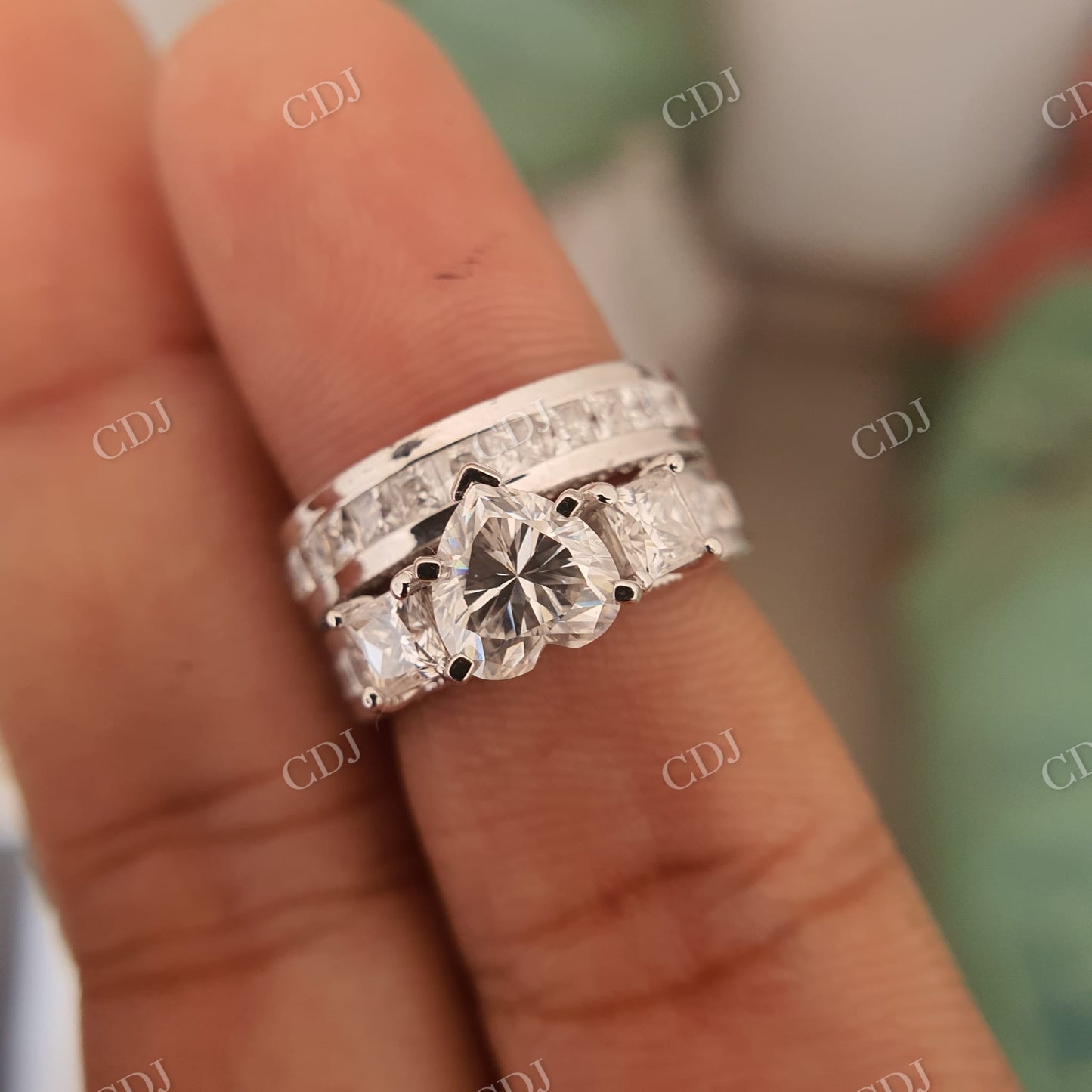 Moissanite Bridal Ring Set Heart Ring Princess Cut Band  customdiamjewel   