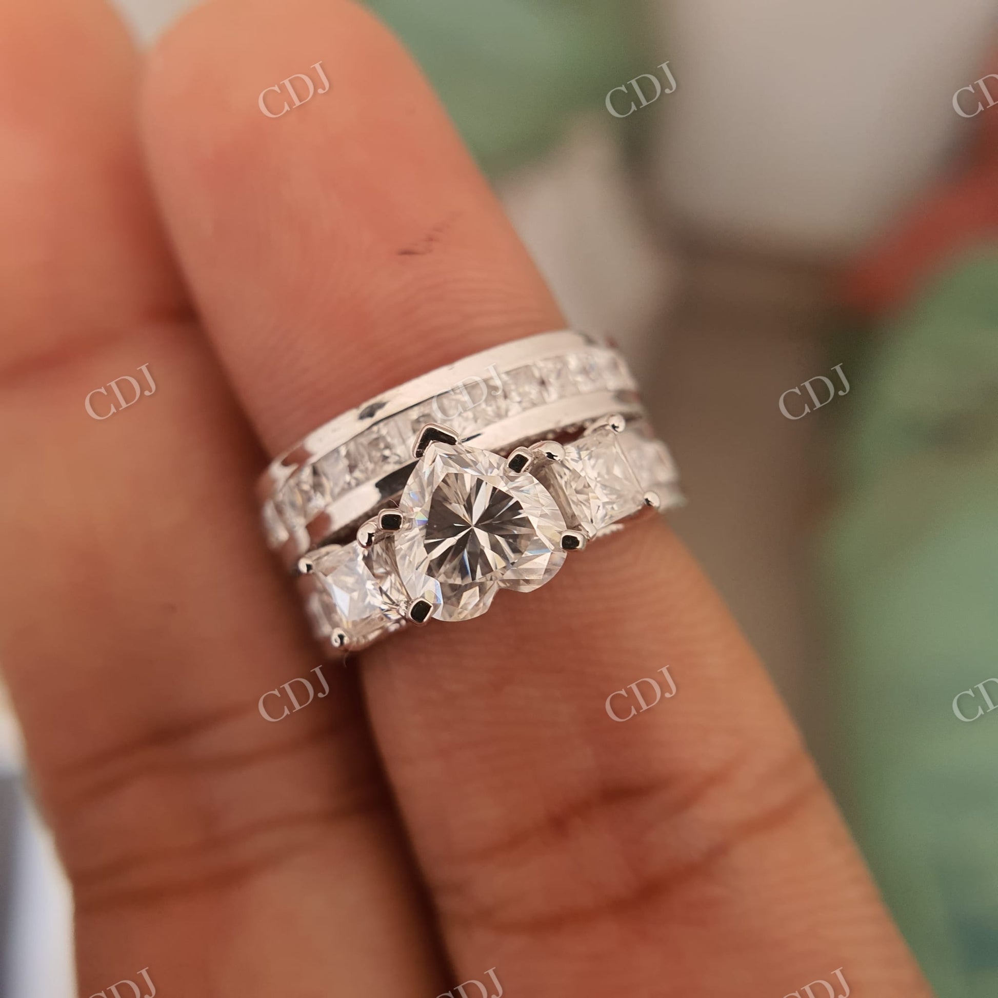 Moissanite Bridal Ring Set Heart Ring Princess Cut Band  customdiamjewel   