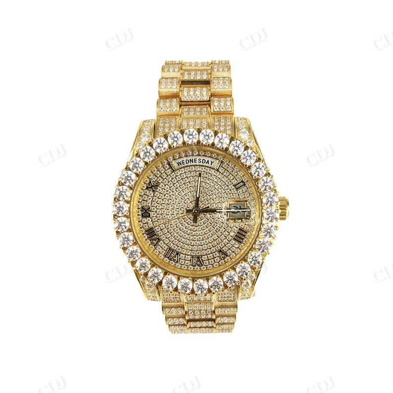 Yellow Gold Plated Moissaite Iced Out Custom Rolex Watch customdiamjewel