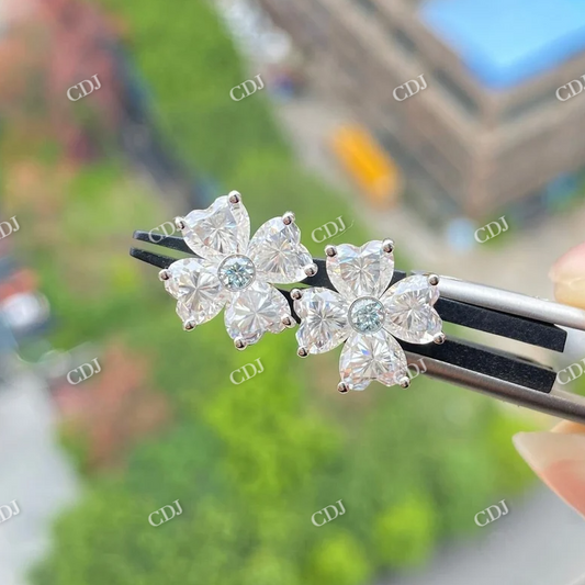 Flower Shape Heart Cut Moissanite White Gold Stud Earrings  customdiamjewel Sterling Silver White Gold VVS-EF