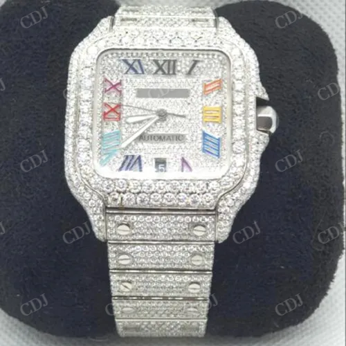 Fully Iced Out Cartier Santos Rainbow Digit Watch customdiamjewel