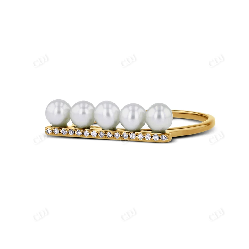 0.05CTW Genuine Diamond and Pearl Bar Ring  customdiamjewel 10KT Yellow Gold VVS-EF