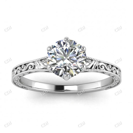 Round Moissanite Vintage Wave Engraving Milgrain Ring  customdiamjewel 10KT White Gold VVS-EF