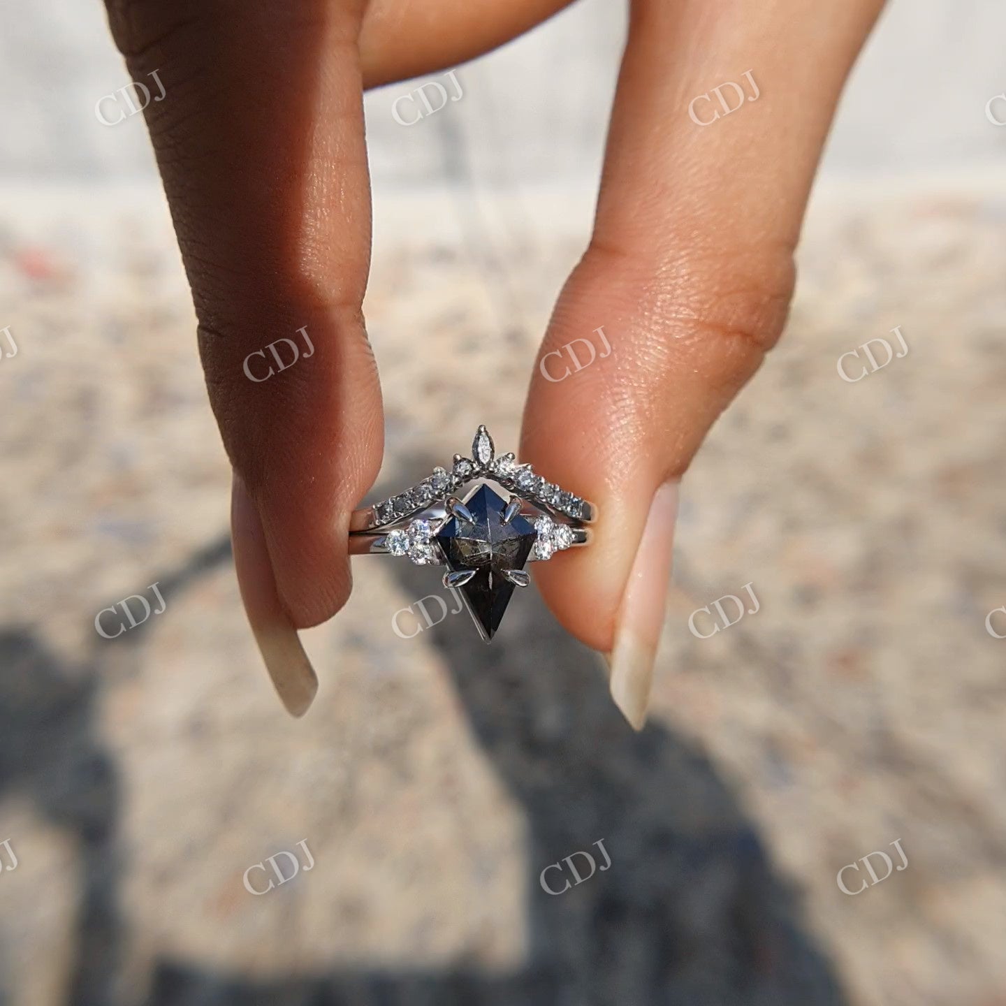 Kite cut Salt and pepper Moissanite and Salt and Pepper Wedding Band customdiamjewel