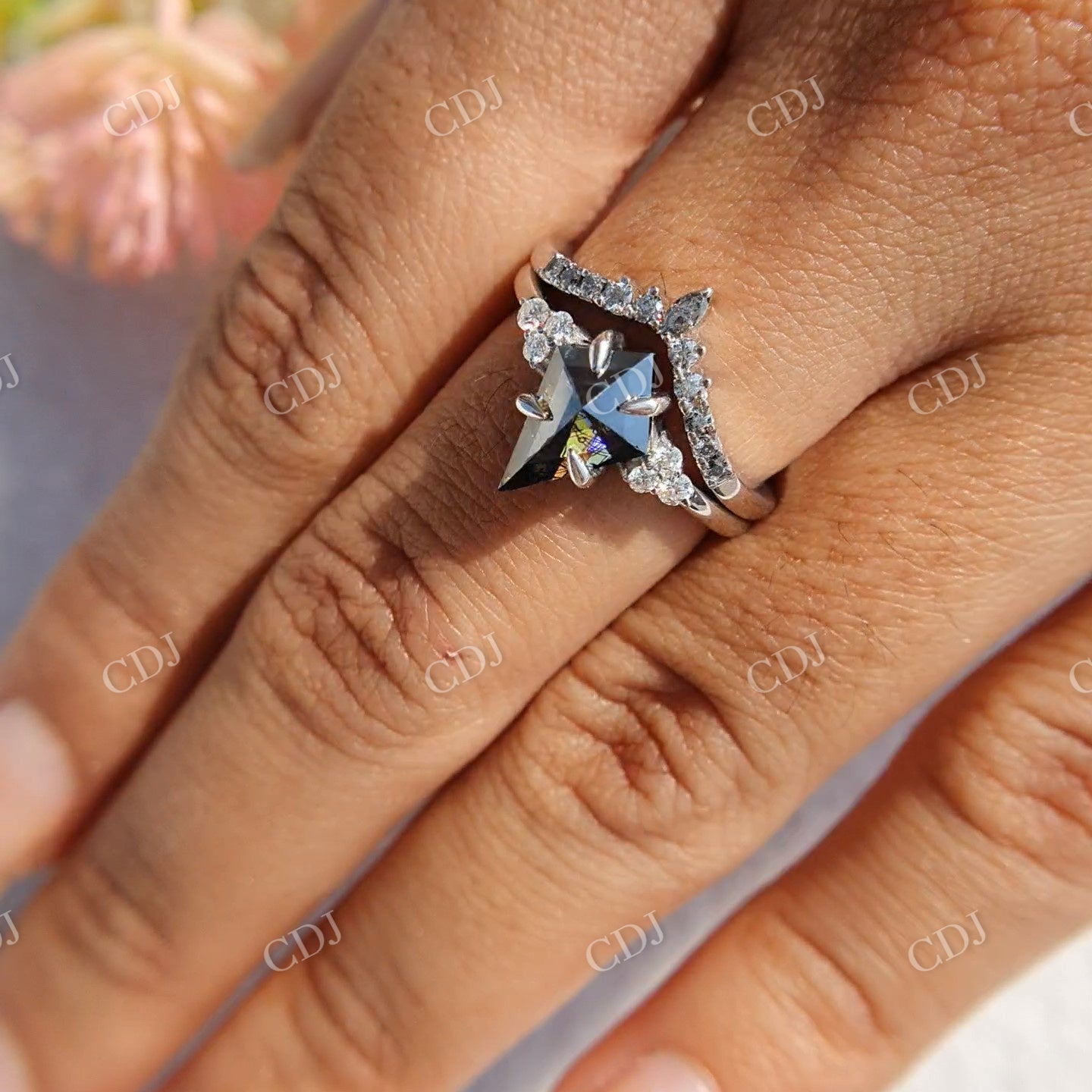 Kite cut Salt and pepper Moissanite and Salt and Pepper Wedding Band customdiamjewel