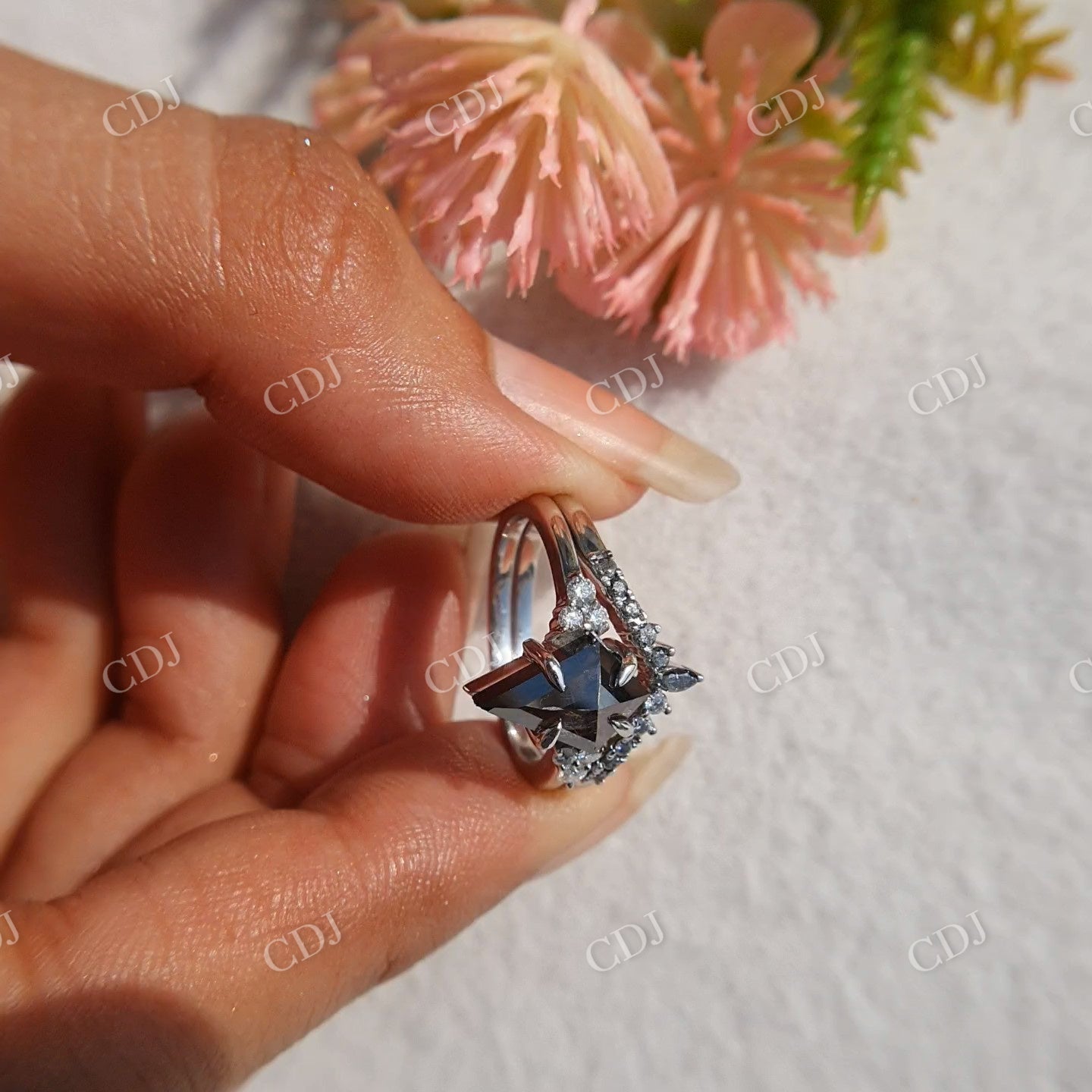 Kite cut Salt and pepper Moissanite and Salt and Pepper Wedding Band customdiamjewel