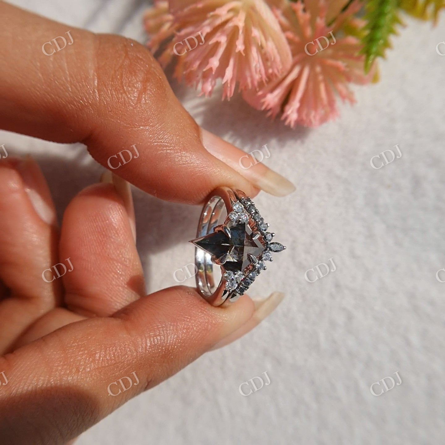 Kite cut Salt and pepper Moissanite and Salt and Pepper Wedding Band customdiamjewel