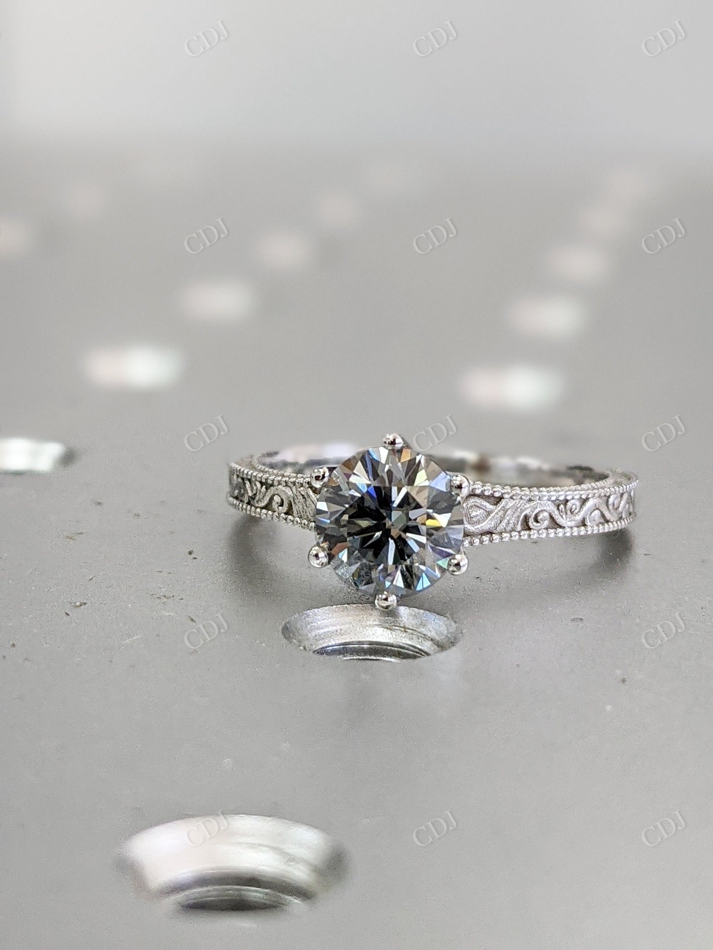 1.00CTW Round Grey Moissanite Vintage Style Engagement Ring