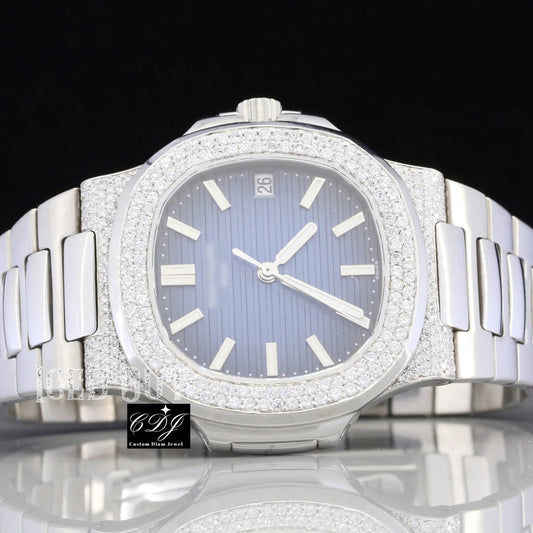 Hip Hop Iced Out Patek Blue Dial Moissanite Custom Watch customdiamjewel