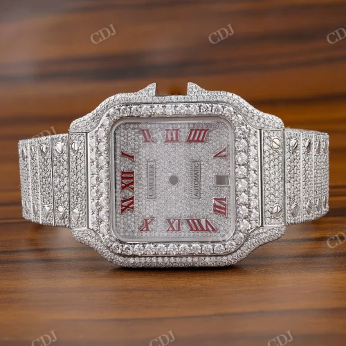 Iced Out Custom Moissanite Red Roman Cartier Watch customdiamjewel