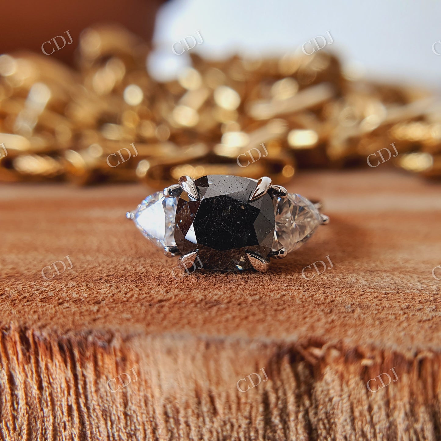 10K Solid White Gold, 2 CT cushion Cut salt and pepper and Side Stone White colorless  customdiamjewel   