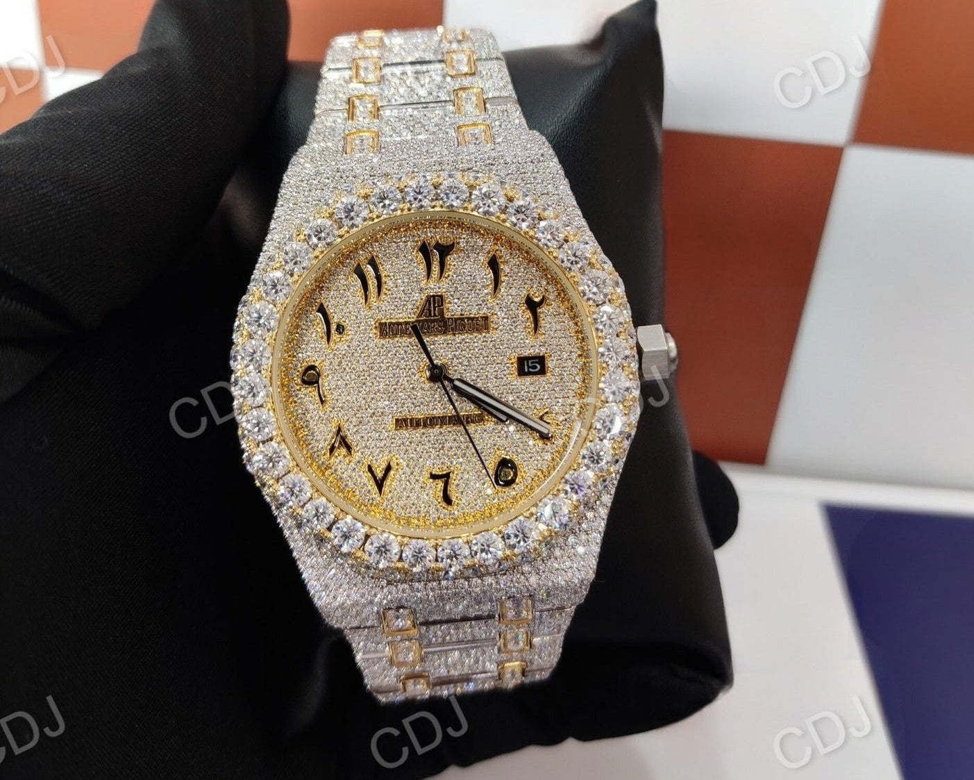 Yellow Tone AP Moissanite Studded Arabic Watch β customdiamjewel
