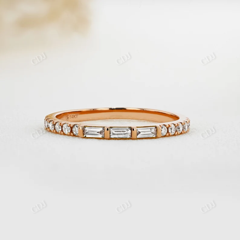 0.28CTW Triple Baguette Center With Round Lab Grown Diamond Stackable Band  customdiamjewel 10KT Rose Gold VVS-EF