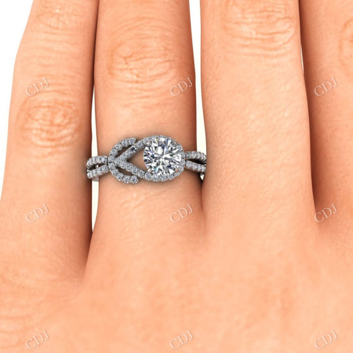 White Gold Unique Halo Moissanite Milgrain Engagement Ring