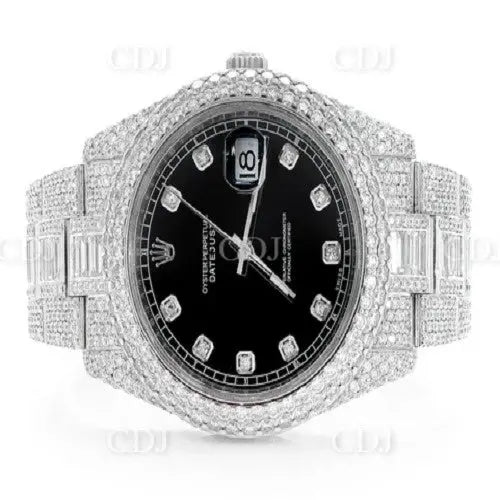 Fully Iced Out Black Dial Stainless Steel Rolex Watch (22.10CTW) customdiamjewel