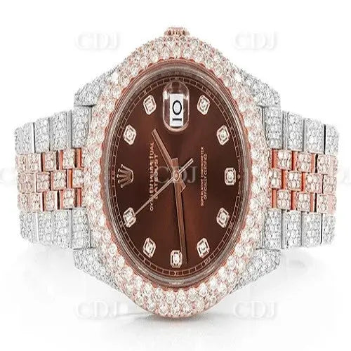 Iced Out Rose White Brown Dial Rolex Men's Watch (16.33CTW) customdiamjewel