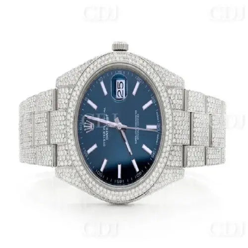 41MM Full White Stainless Steel Blue Dial Rolex Watch customdiamjewel