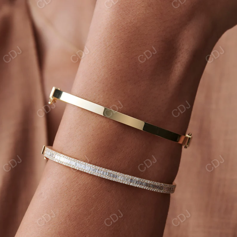 14k Gold Half Eternity Baguette and Round Diamond Bangle Cuff Bracelet  customdiamjewel   