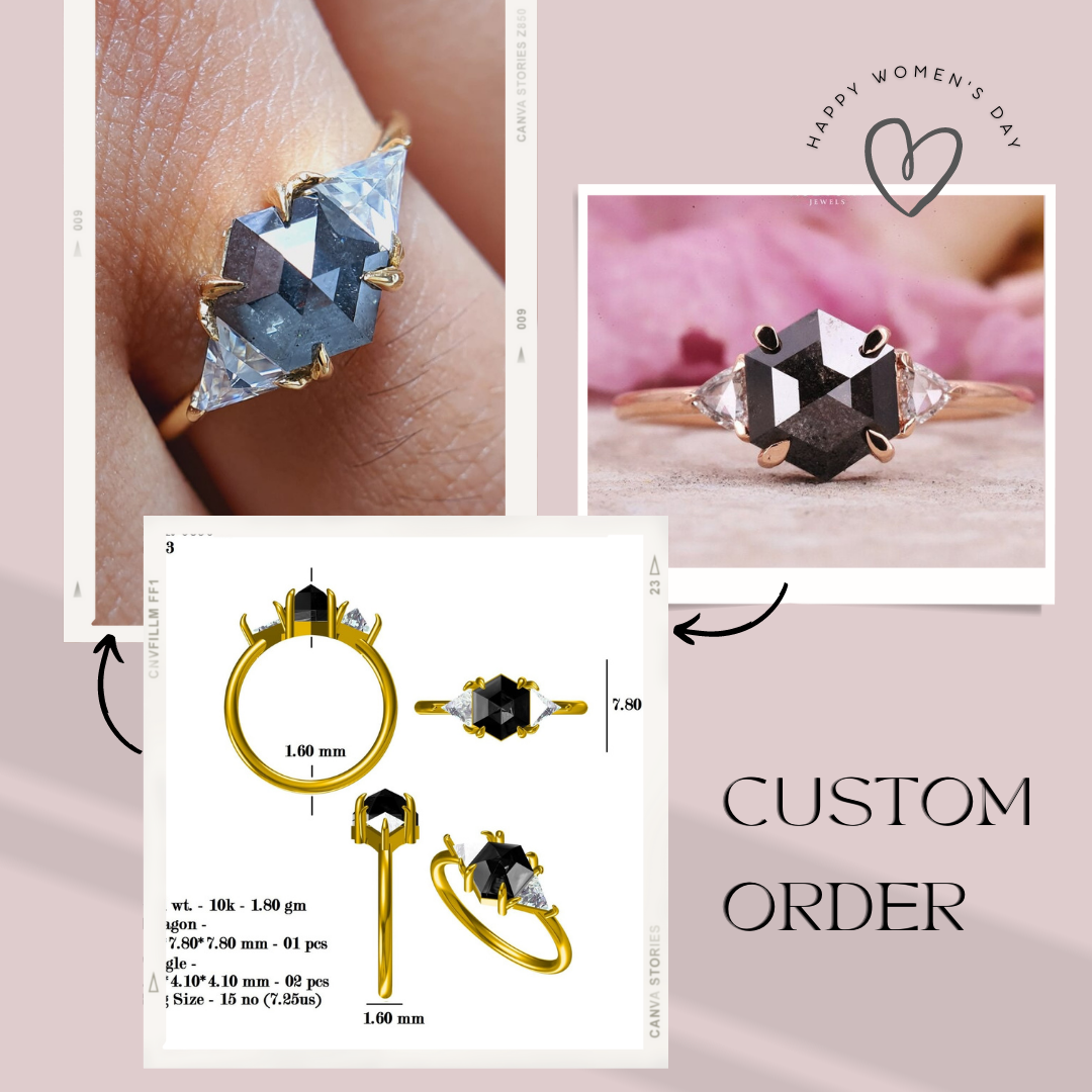 Slightly Hexagon Salt And Pepper Moissanite Engagement Ring  customdiamjewel   