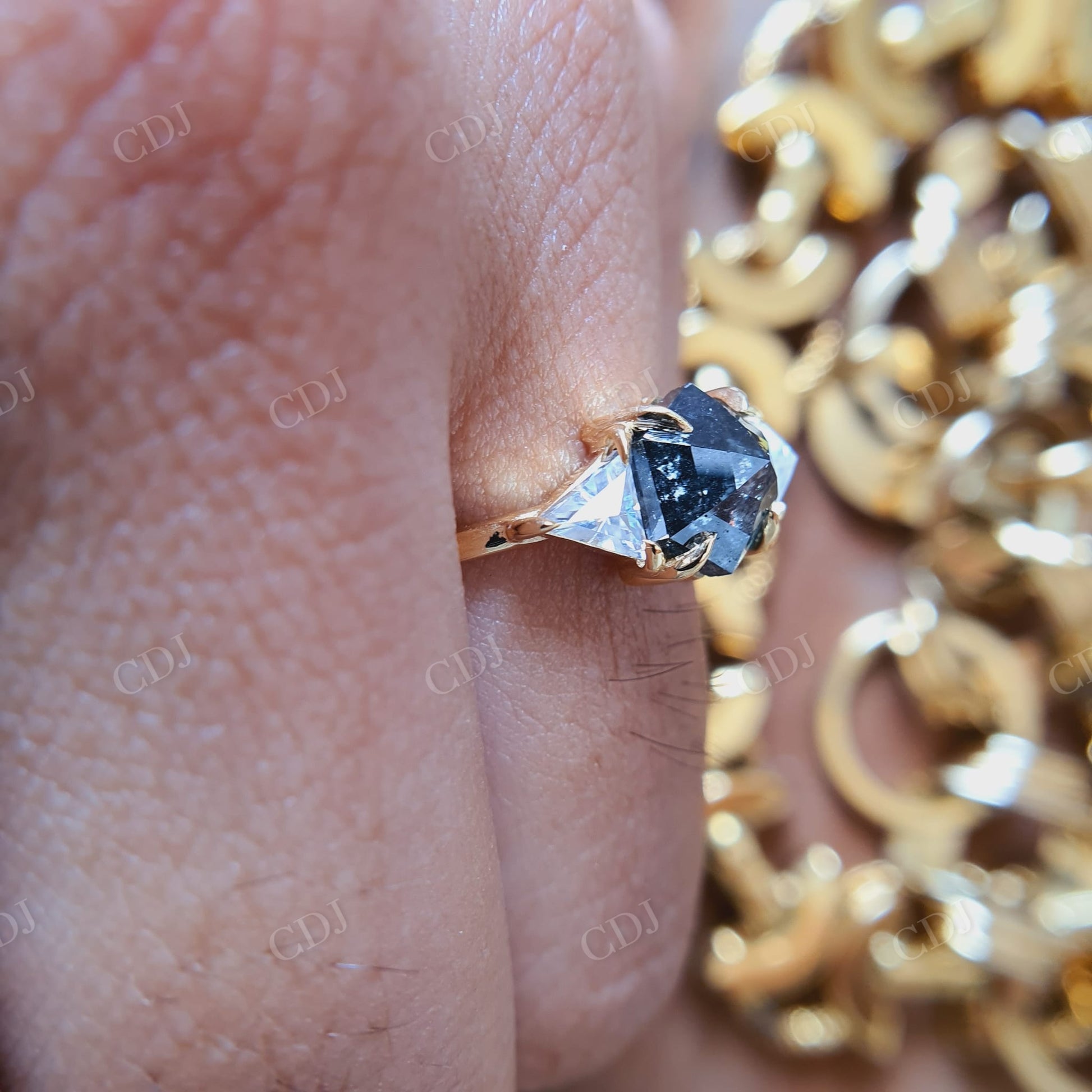 Slightly Hexagon Salt And Pepper Moissanite Engagement Ring  customdiamjewel   