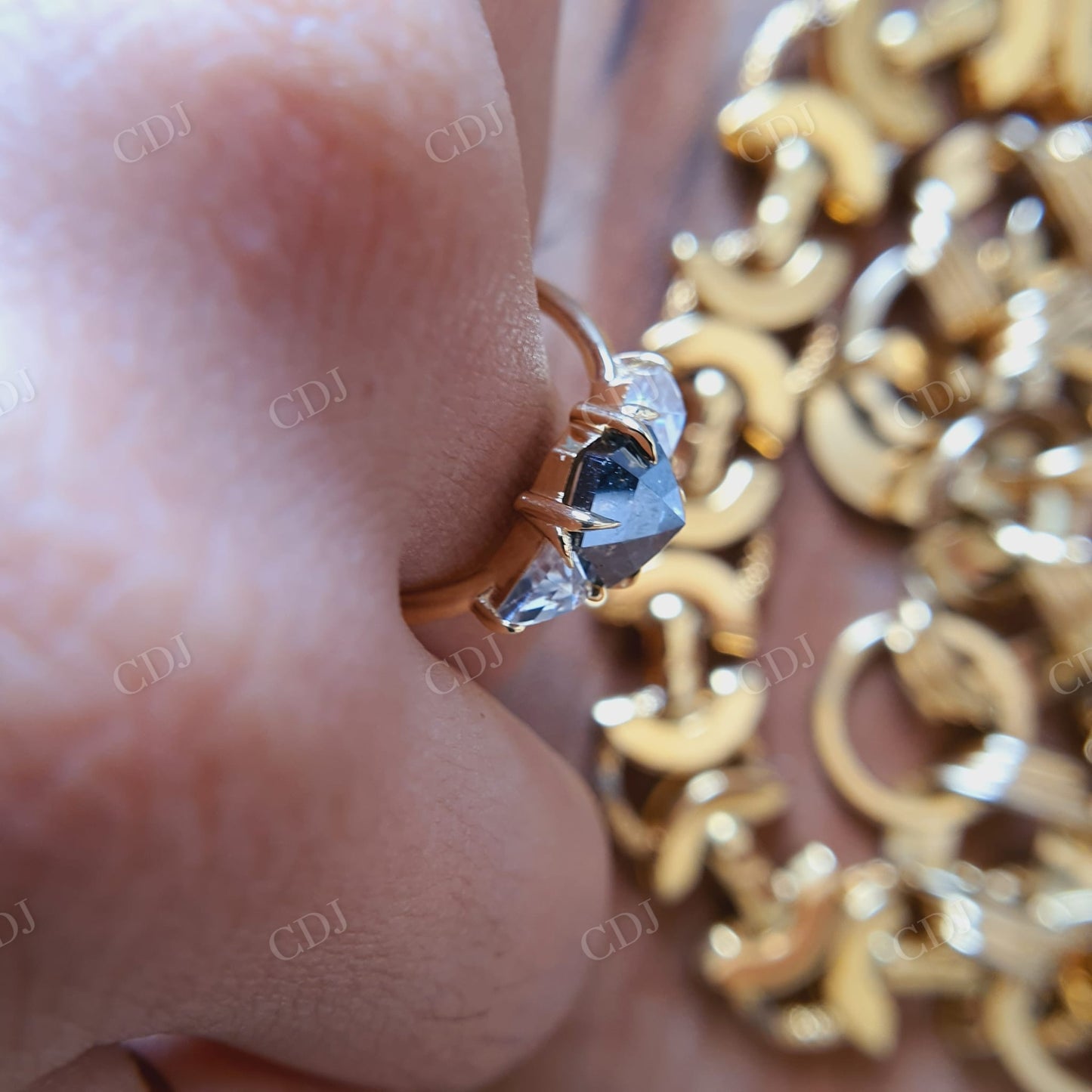 Slightly Hexagon Salt And Pepper Moissanite Engagement Ring  customdiamjewel   