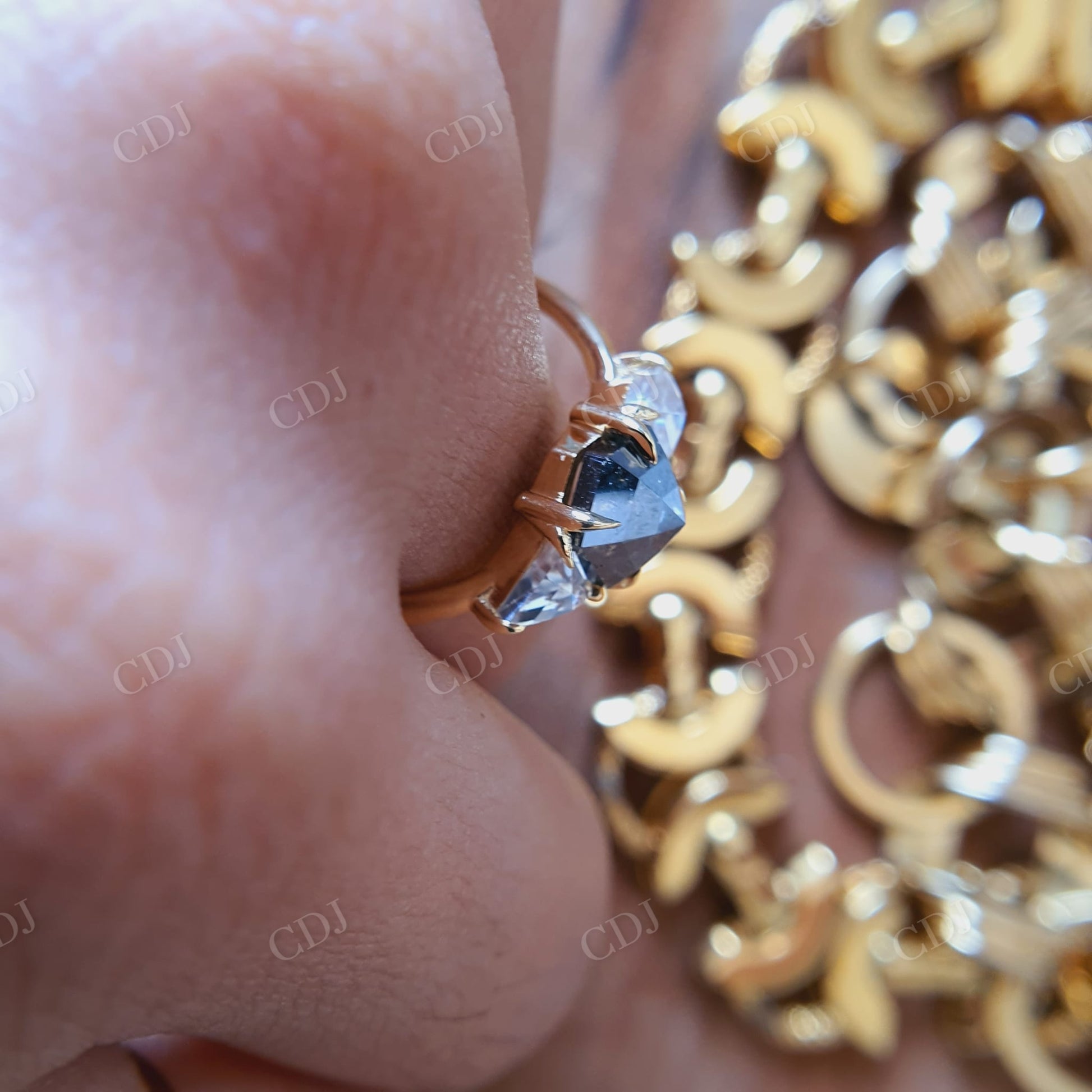 Slightly Hexagon Salt And Pepper Moissanite Engagement Ring  customdiamjewel   