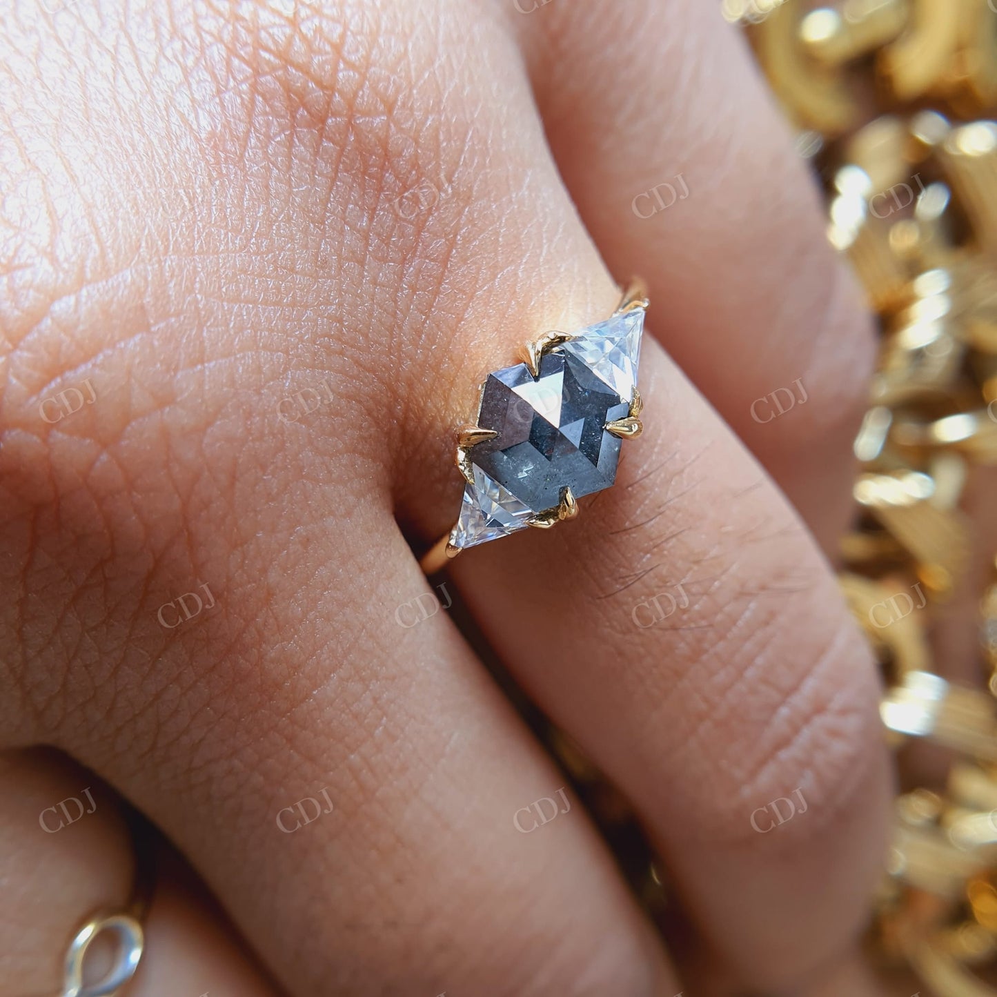 Slightly Hexagon Salt And Pepper Moissanite Engagement Ring  customdiamjewel   