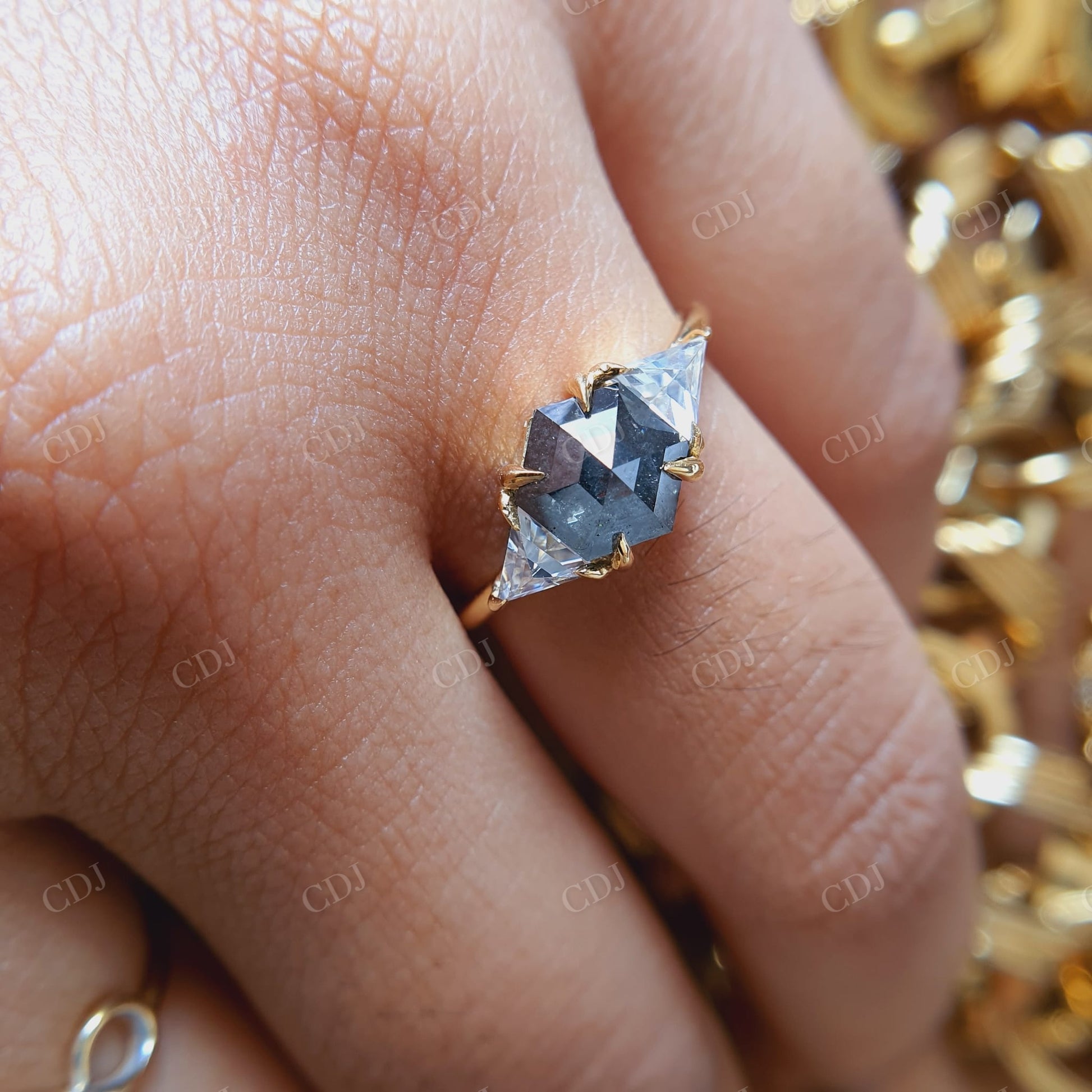 Slightly Hexagon Salt And Pepper Moissanite Engagement Ring  customdiamjewel   