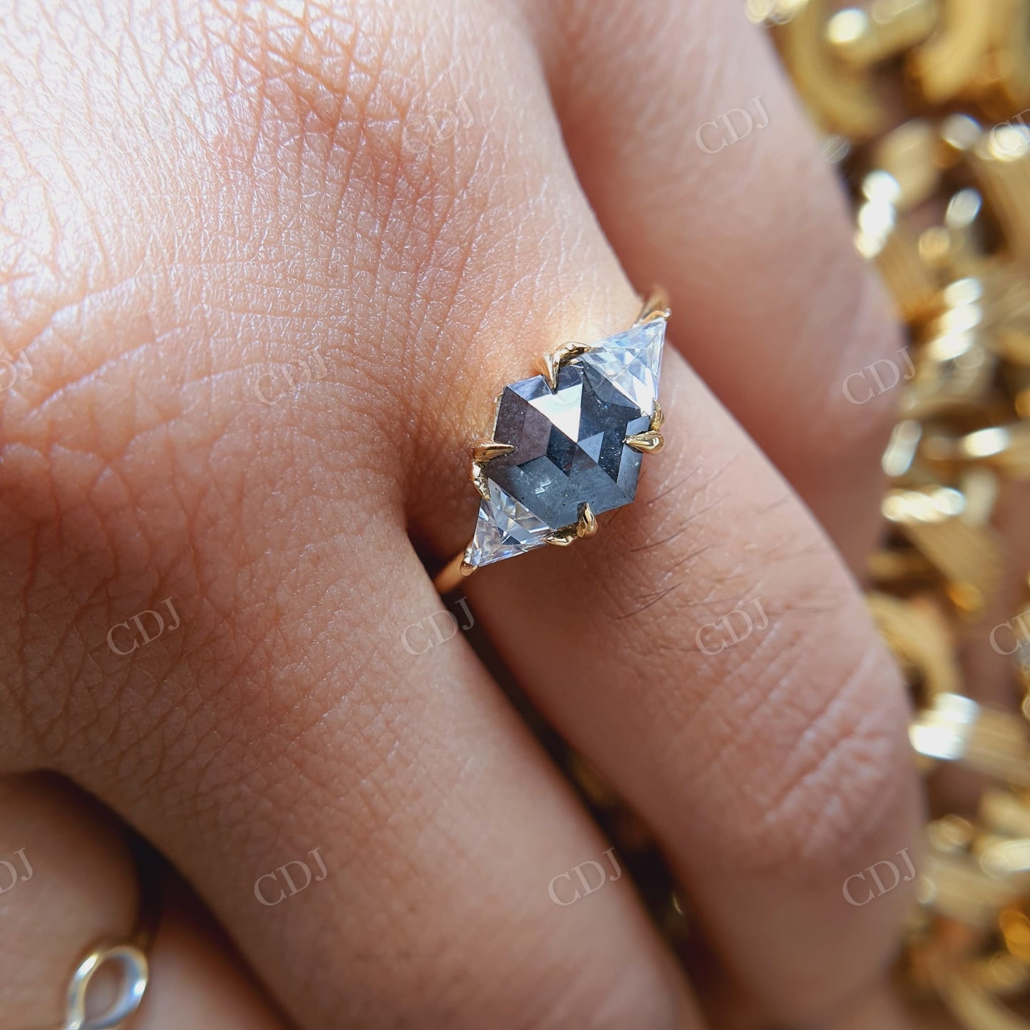 Slightly Hexagon Salt And Pepper Moissanite Engagement Ring  customdiamjewel   