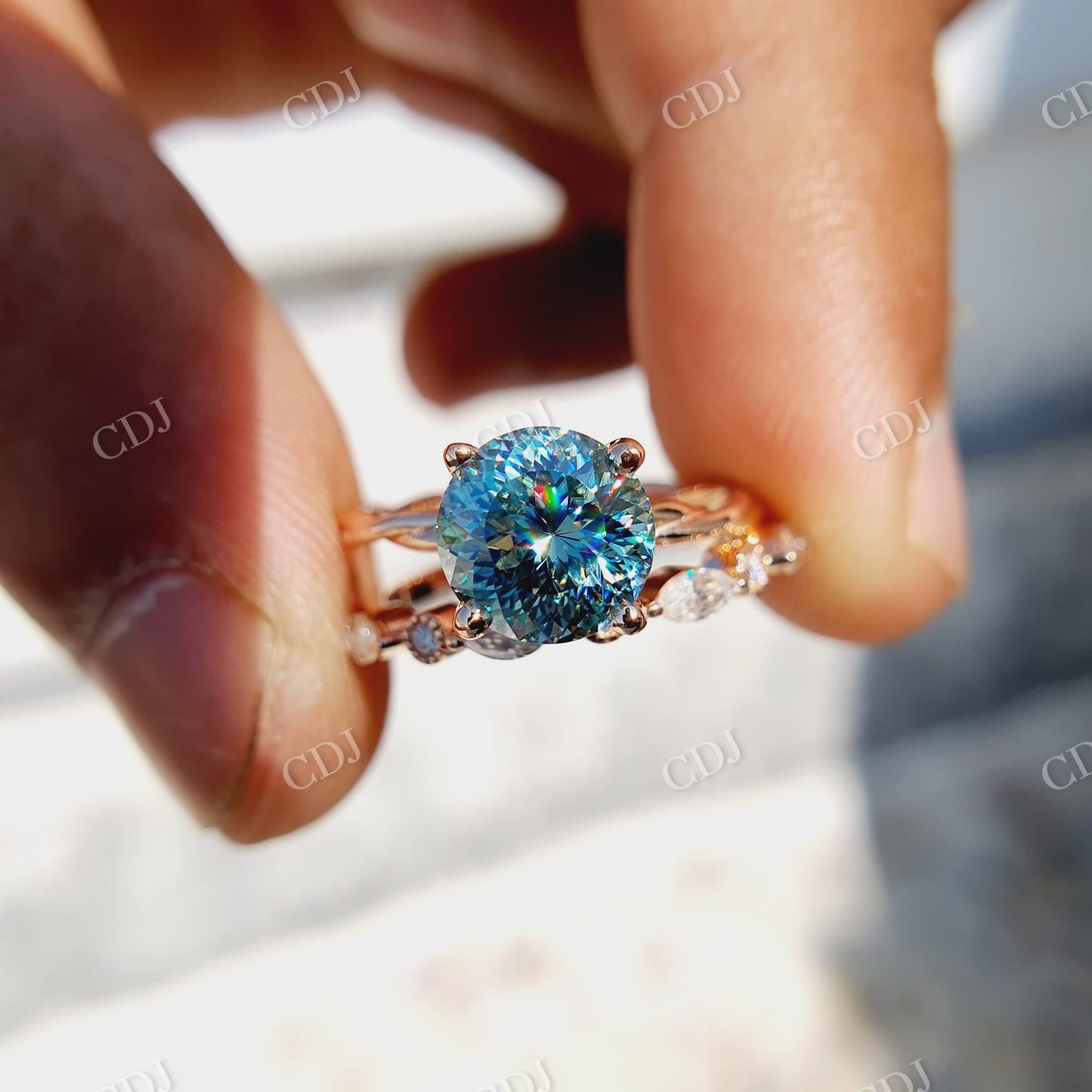 Portuguese Cut Greenish Blue Moissanite Ring Simple Band Bridal Ring Set  customdiamjewel   