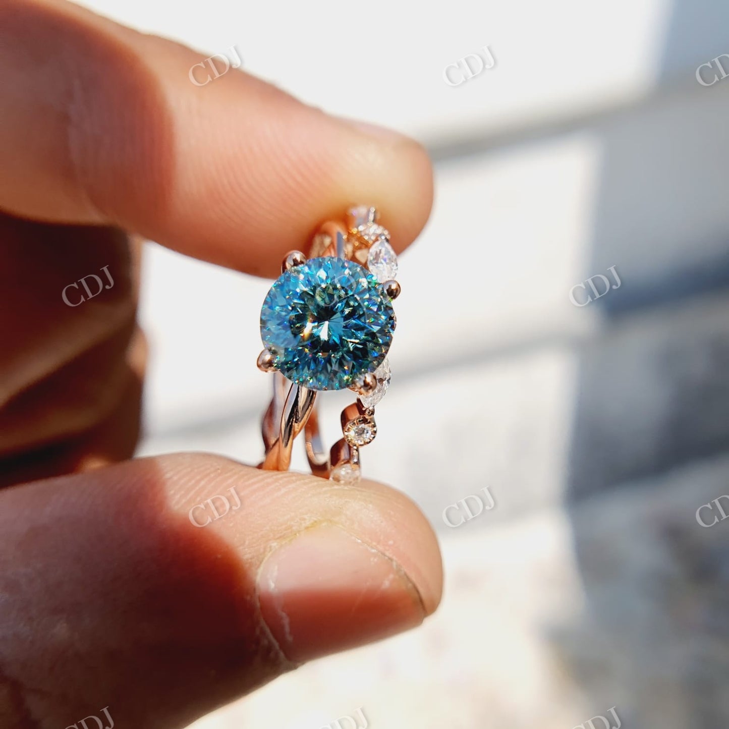 Portuguese Cut Greenish Blue Moissanite Ring Simple Band Bridal Ring Set  customdiamjewel   