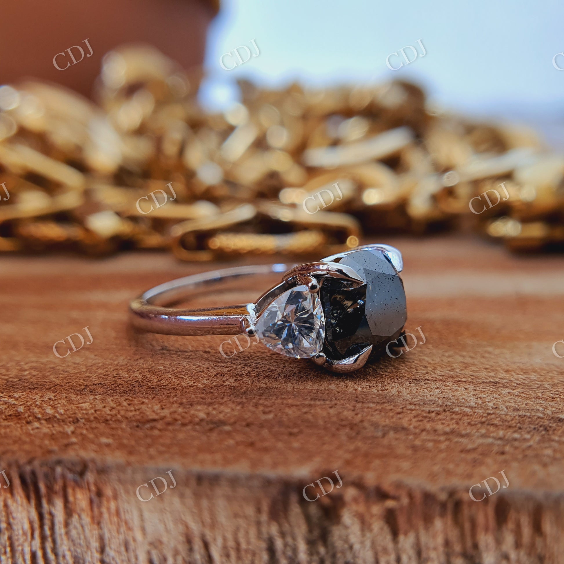 10K Solid White Gold, 2 CT cushion Cut salt and pepper and Side Stone White colorless  customdiamjewel   
