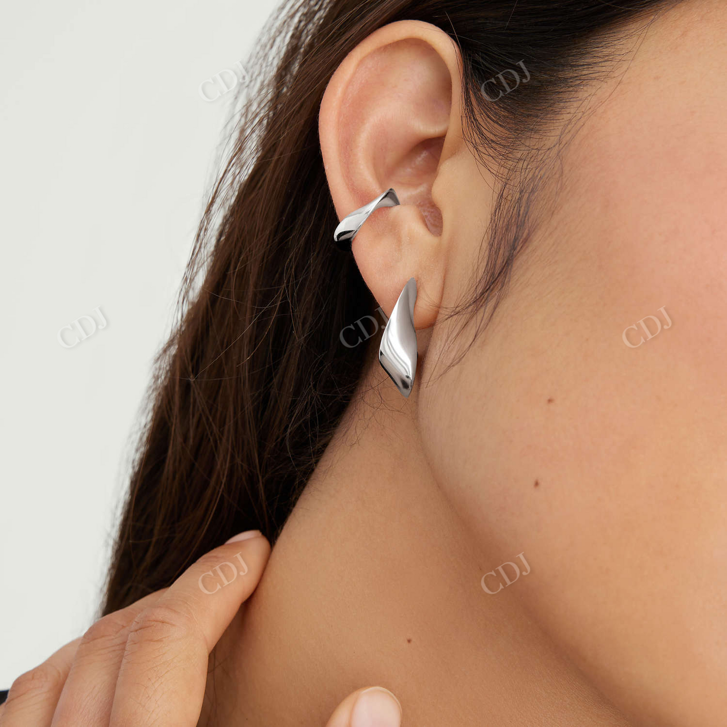 Unique 14K Solid Gold Wave Ear Cuff Stud Earrings