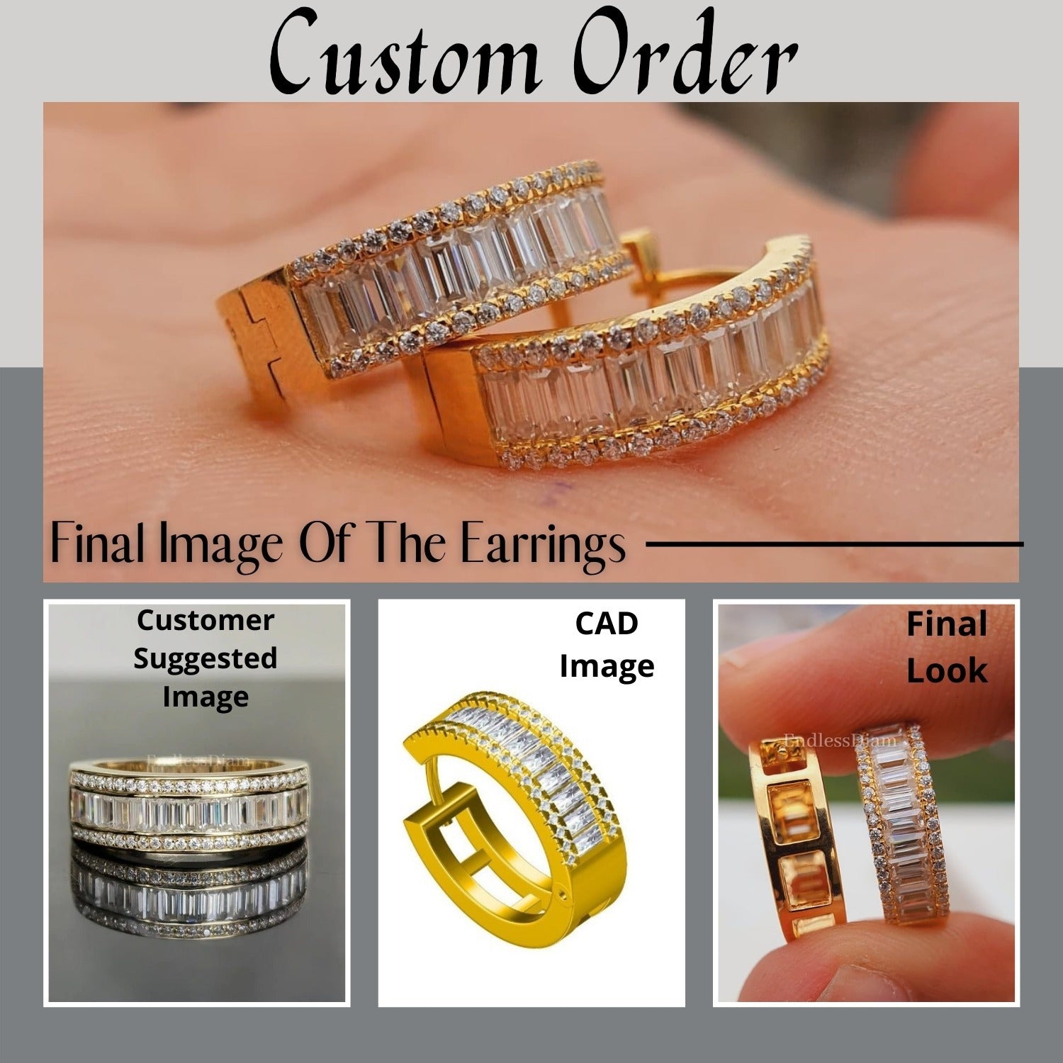 Moissanite Pave Small Iced Gold Baguette Huggie Hoop Earrings  customdiamjewel   