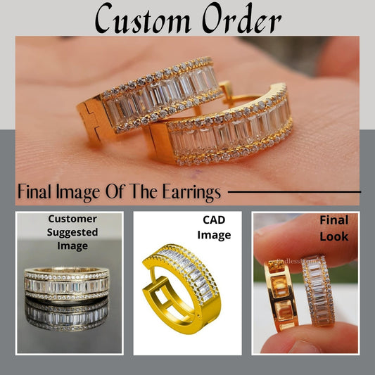 Moissanite Pave Small Iced Gold Baguette Huggie Hoop Earrings  customdiamjewel   