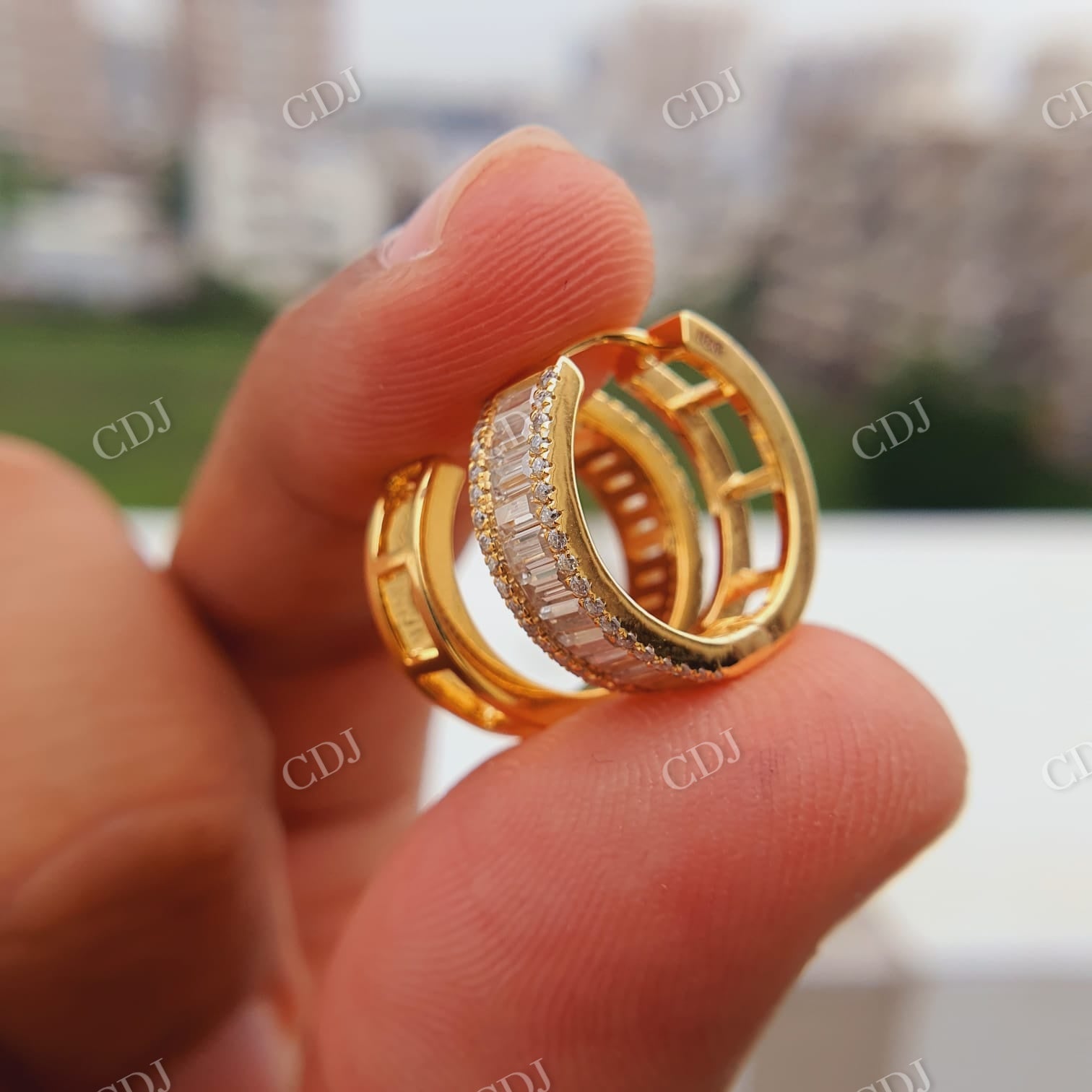 Moissanite Pave Small Iced Gold Baguette Huggie Hoop Earrings  customdiamjewel   