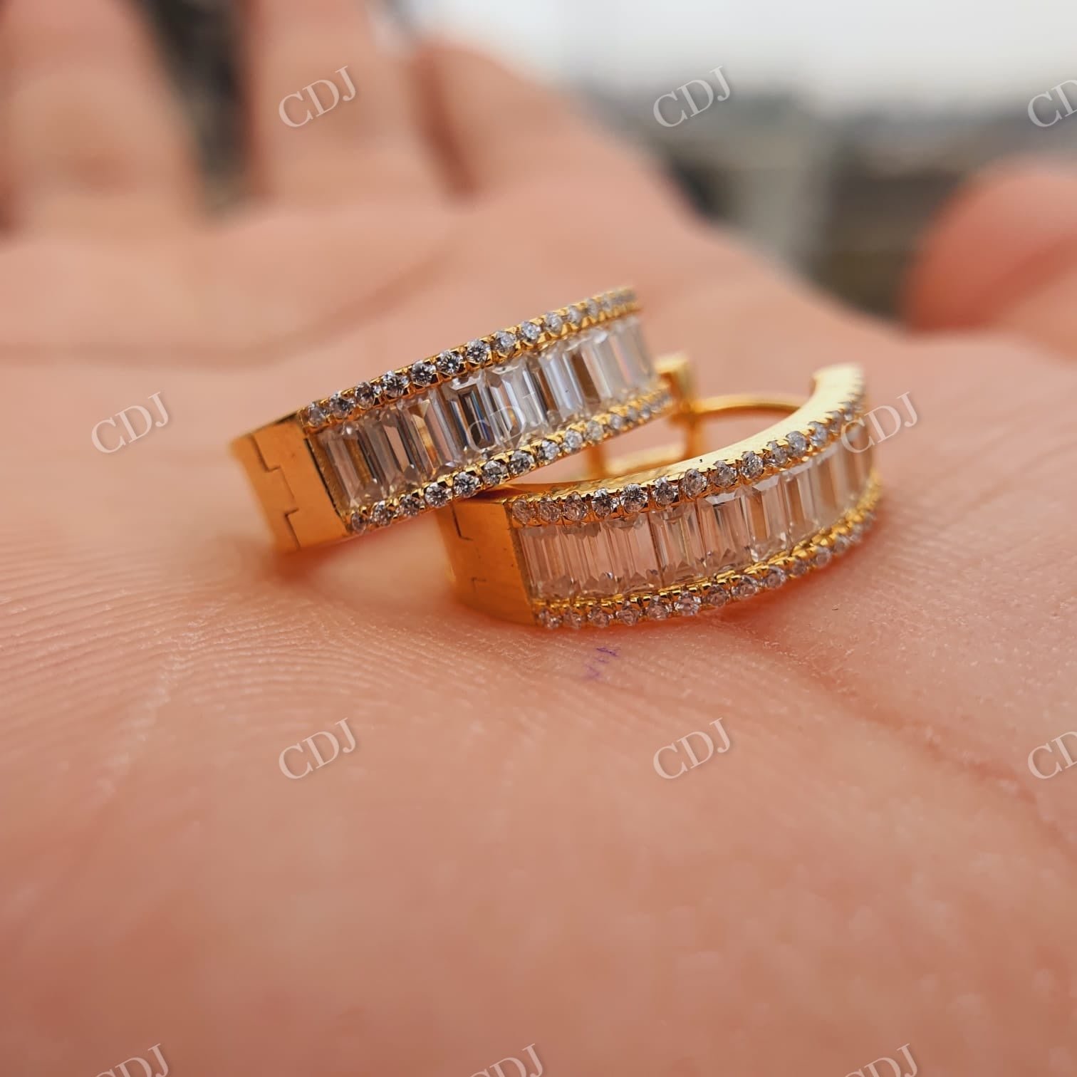 Moissanite Pave Small Iced Gold Baguette Huggie Hoop Earrings  customdiamjewel   