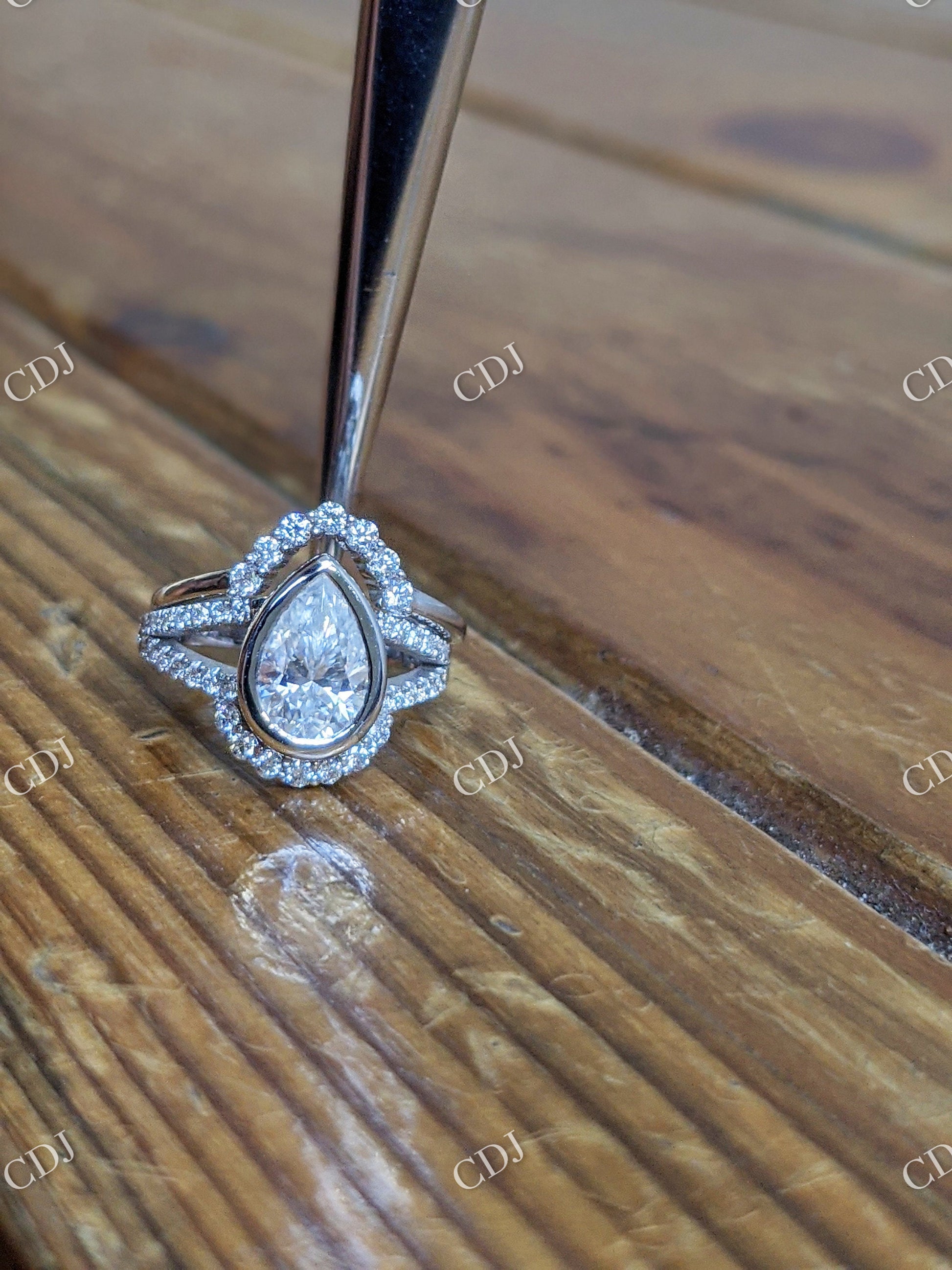 Pear Shaped Moissanite Vintage White Gold Bridal Ring Set  customdiamjewel   