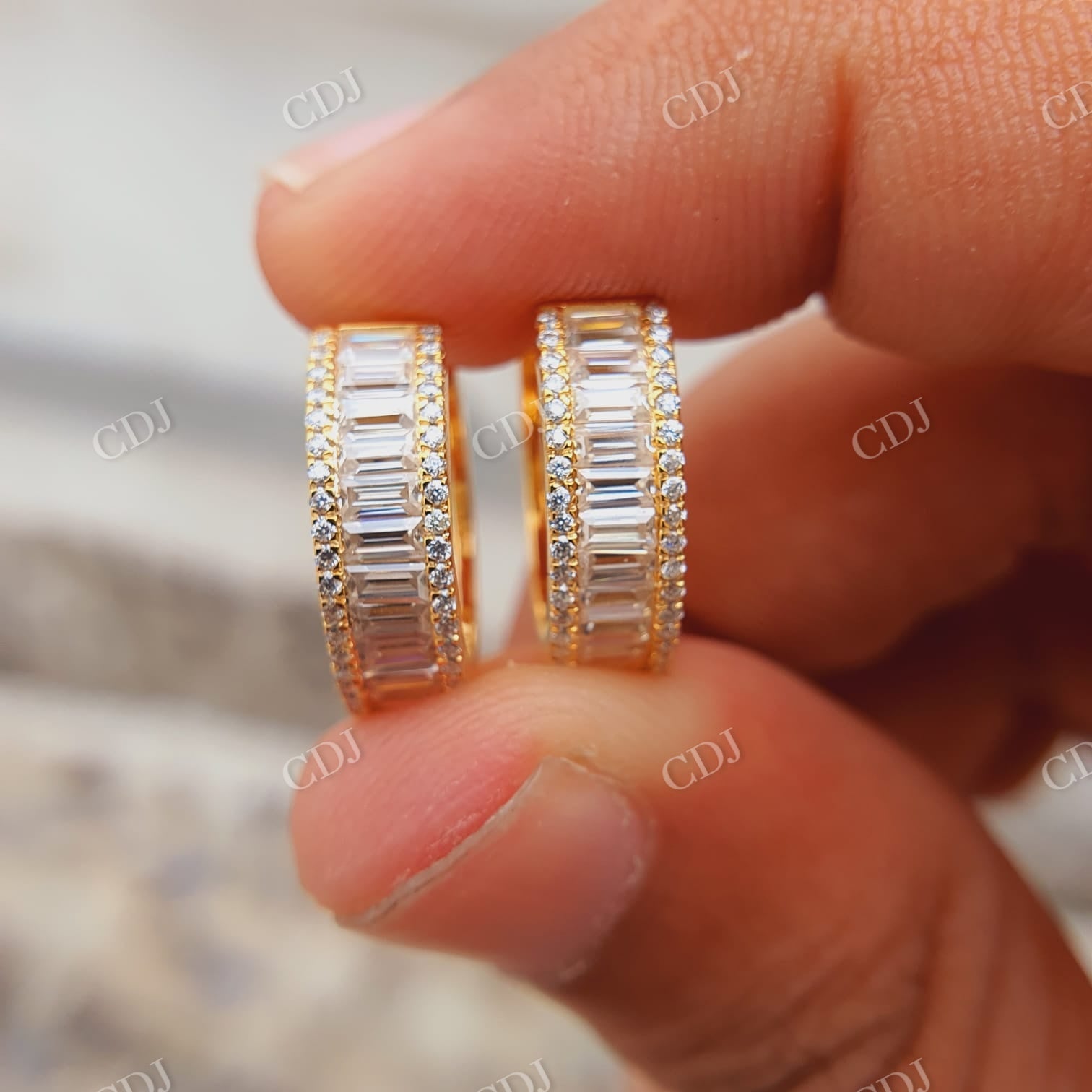 Moissanite Pave Small Iced Gold Baguette Huggie Hoop Earrings  customdiamjewel   