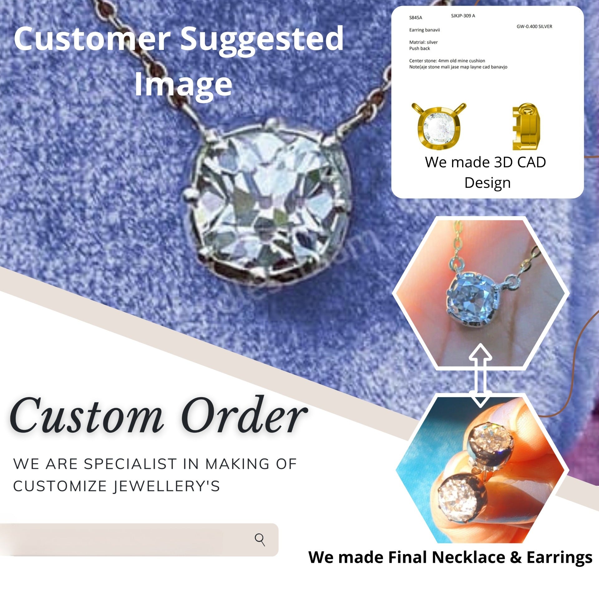 Georgian Setting Old Mine Moissanite Pendant And Stud Earrings  customdiamjewel   