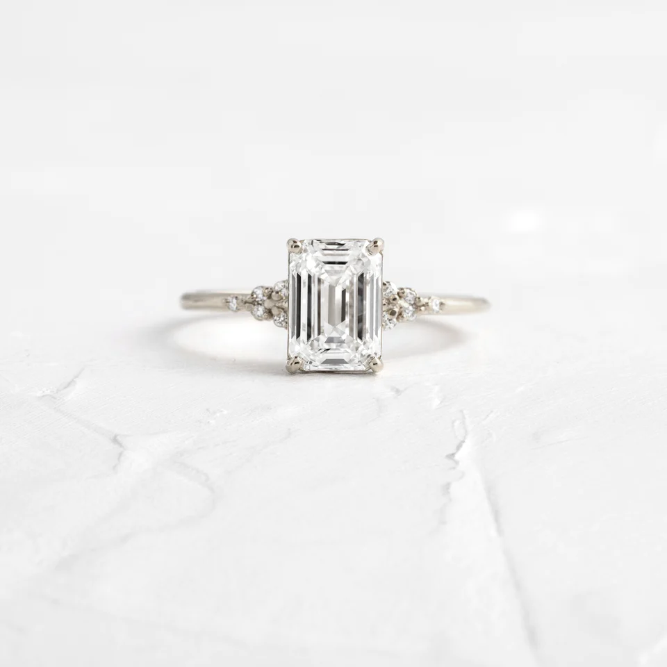 Lighthouse Emerald Cut Moissanite Cluster Ring  customdiamjewel 10KT White Gold VVS-EF