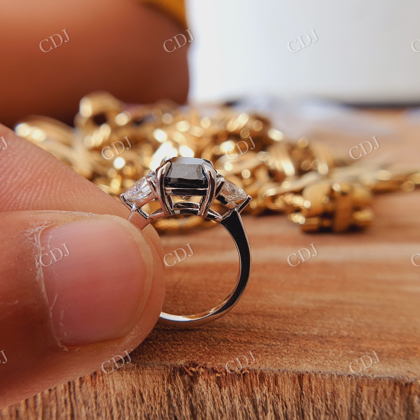 10K Solid White Gold, 2 CT cushion Cut salt and pepper and Side Stone White colorless  customdiamjewel   
