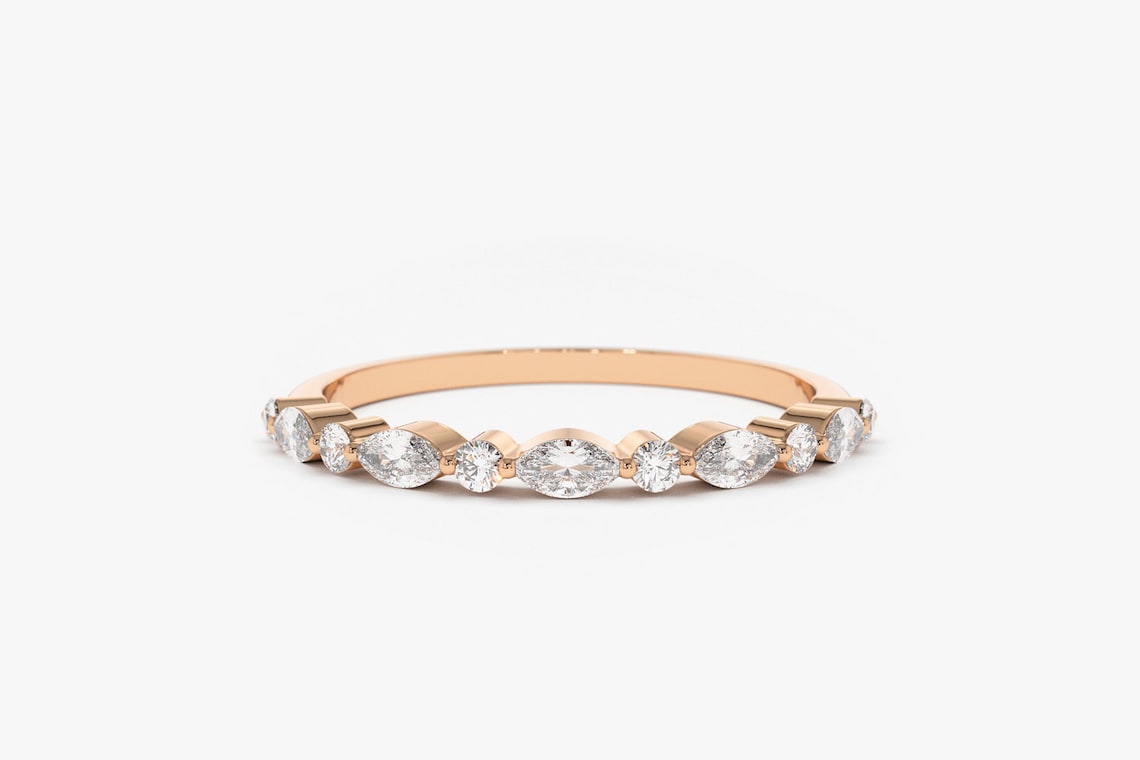 0.28CTW Marquise And Round Cut Natural Diamond Eternity Wedding Band  customdiamjewel 10KT Rose Gold VVS-EF