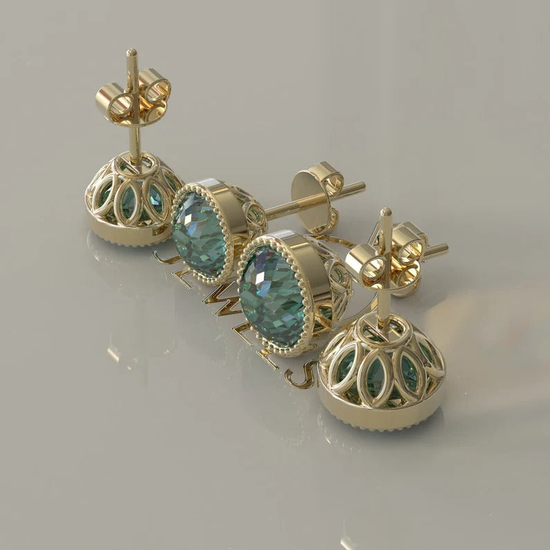 Portuguese Cut Cyan Blue Moissanite Stud Earrings