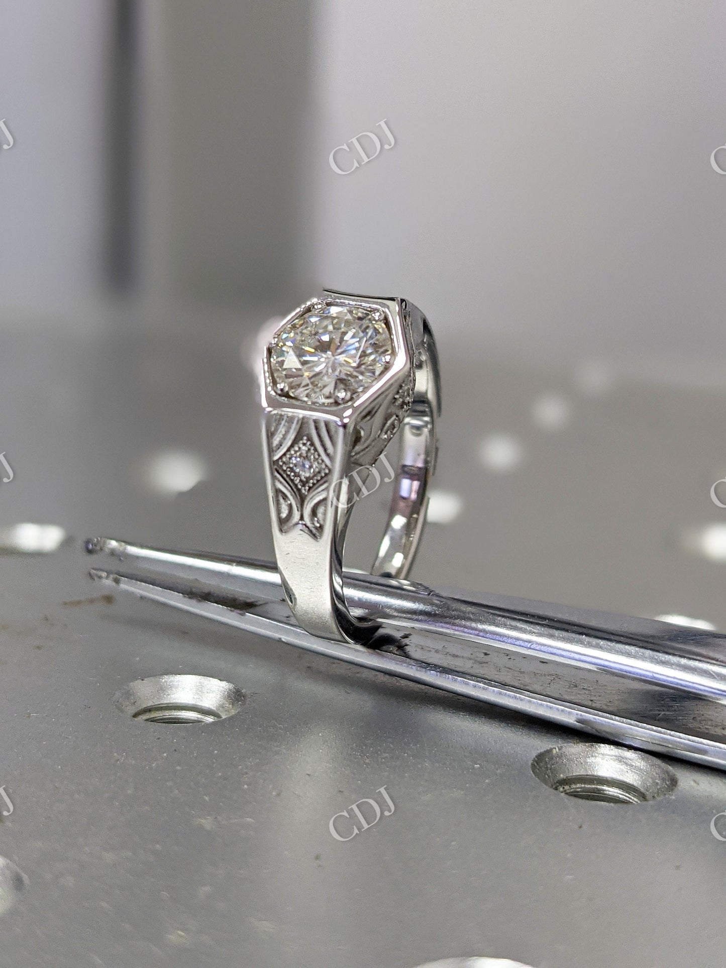 Vintage Hexagon Round Moissanite Ring  customdiamjewel   