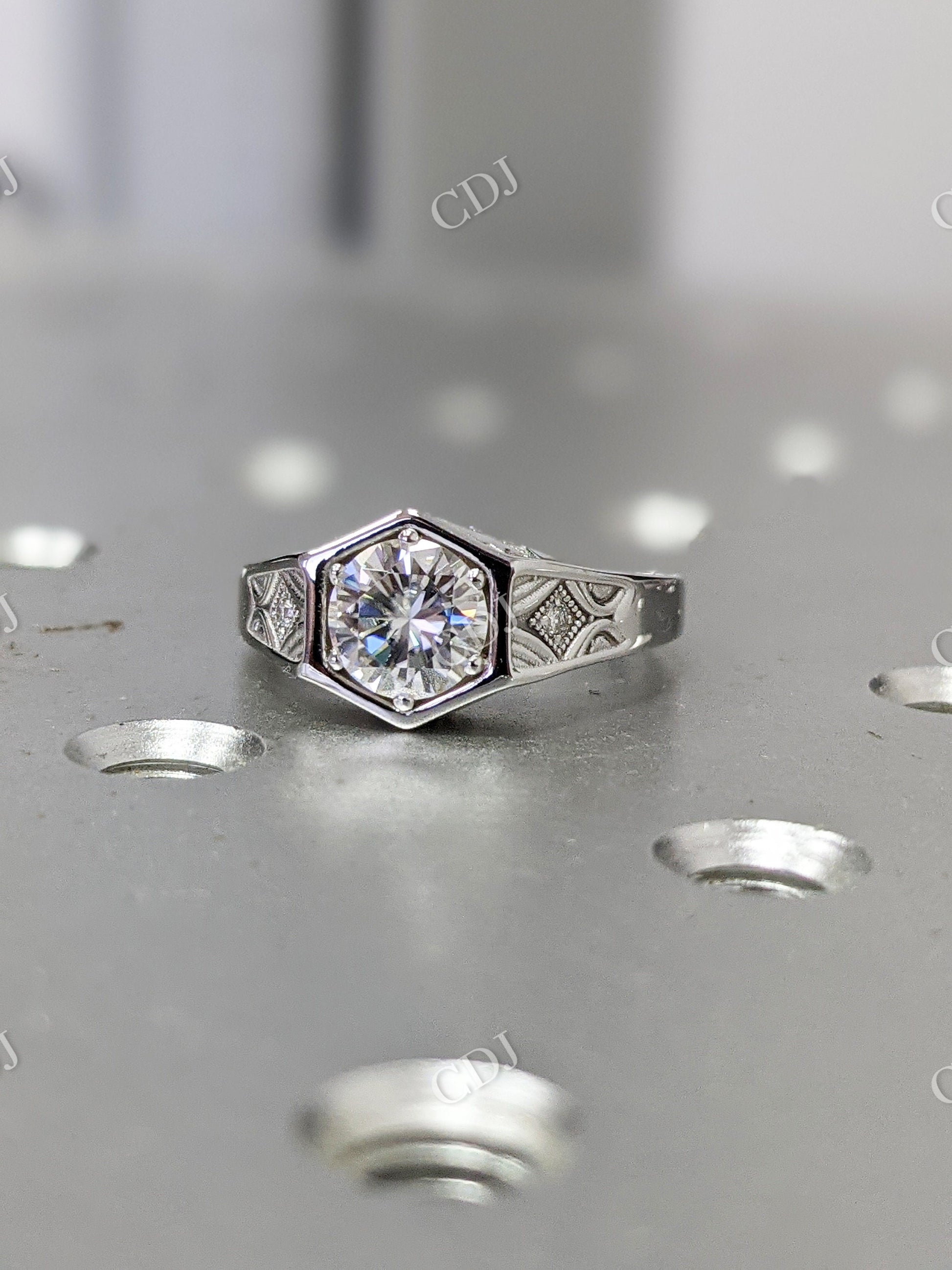 Vintage Hexagon Round Moissanite Ring  customdiamjewel   