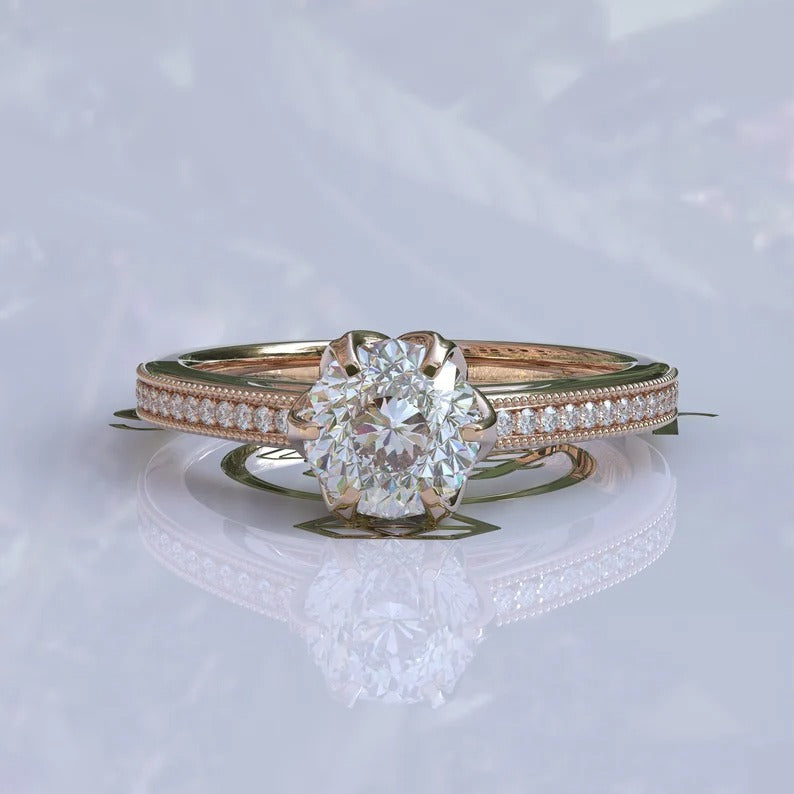 Solitaire Portuguese Cut Colorless Moissanite Ring  customdiamjewel 10KT Rose Gold VVS-EF
